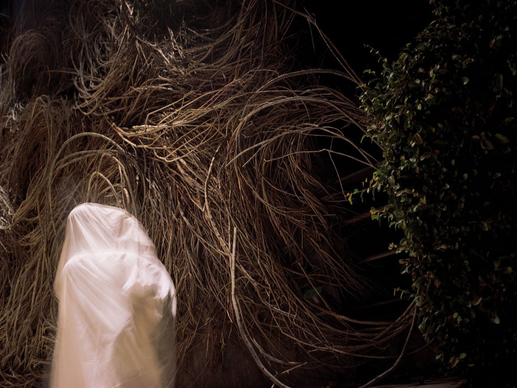 A person in a white robe standing in front of a tree, creating a serene and peaceful scene.