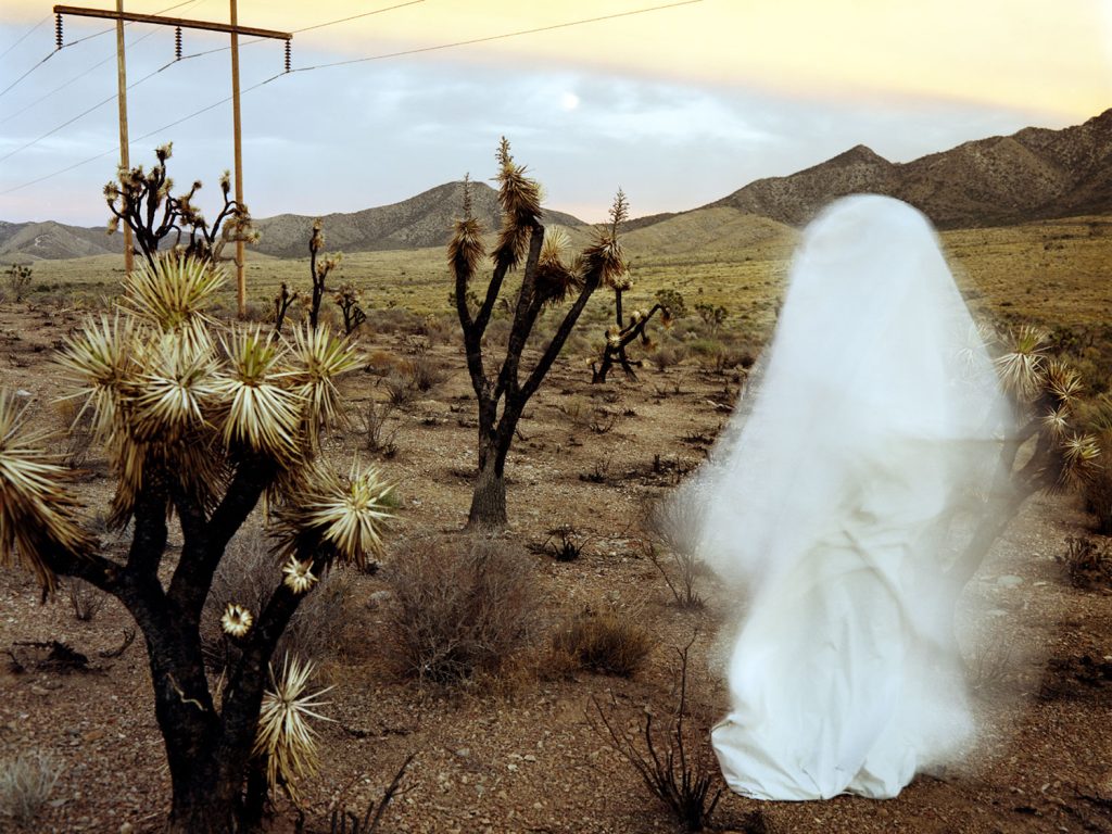 A person in a white dress standing alone in the vast desert landscape under the scorching sun.